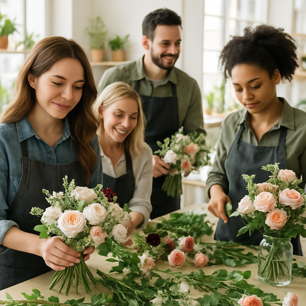 Equipe da floricultura trabalhando